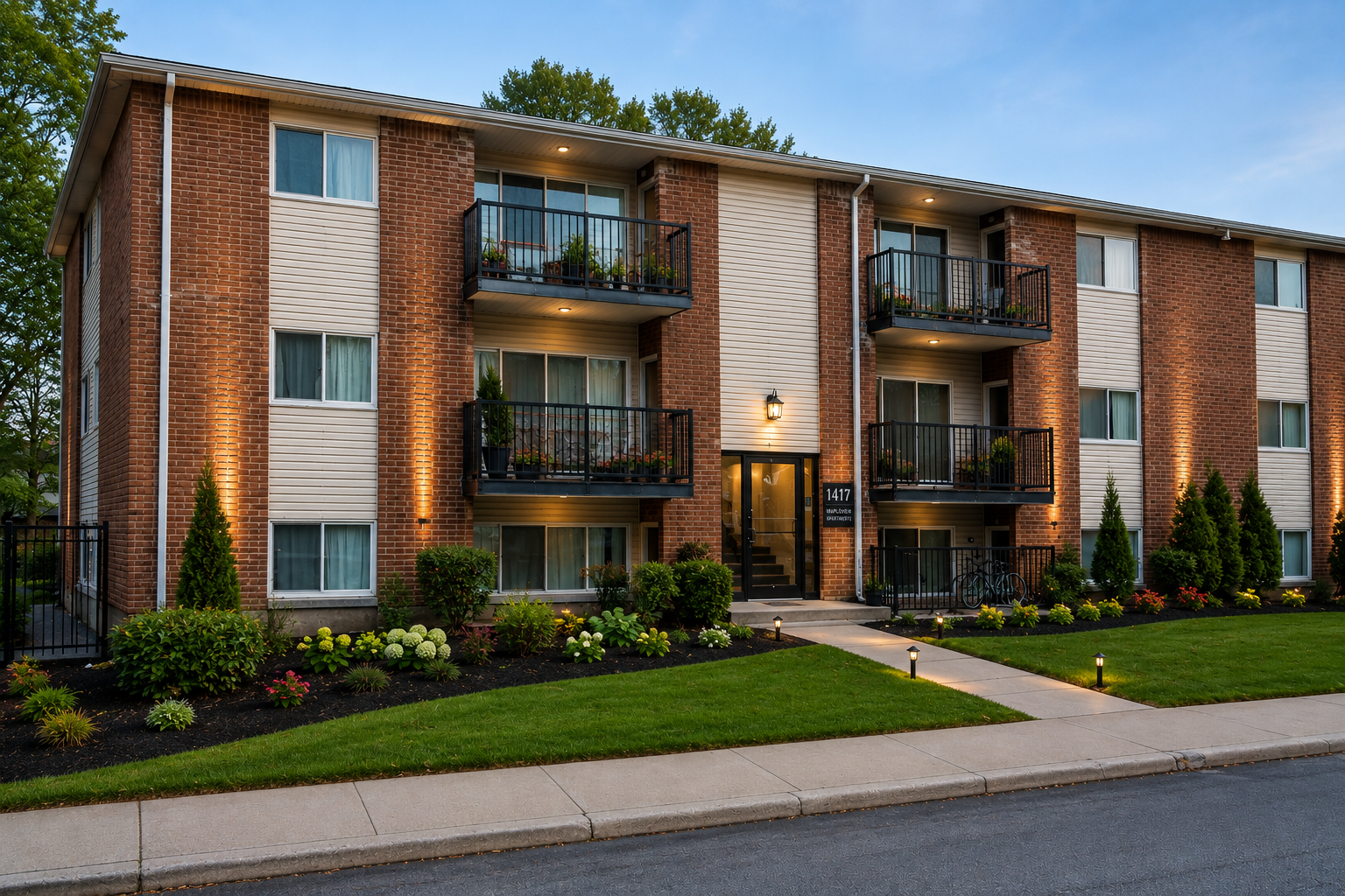 Concept visualization of the same apartment building exterior after vegetation trimming, selective paint refresh and cleaned walkways