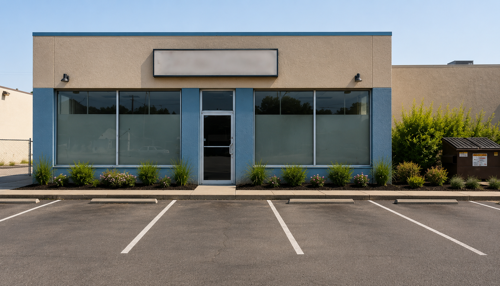 Concept visualization of the same commercial storefront after sidewalk cleaning, perimeter weed removal and refreshed door and trim