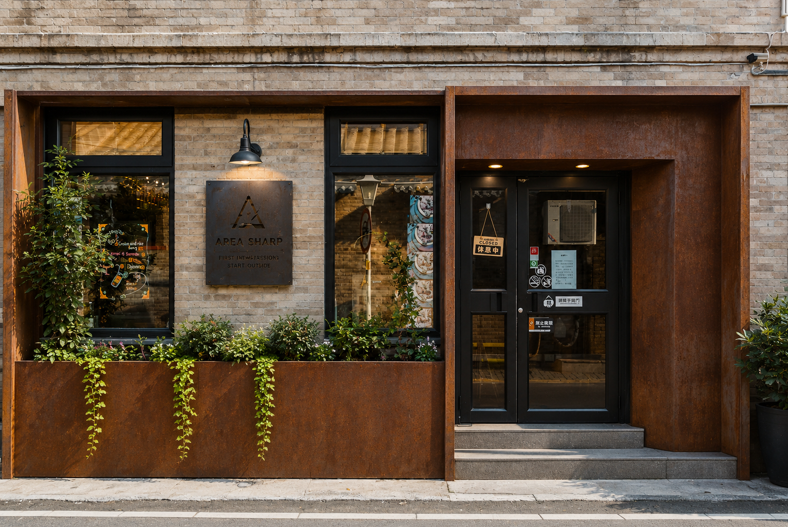 Concept visualization of the same restaurant exterior after facade cleaning, weed removal and refreshed entrance details