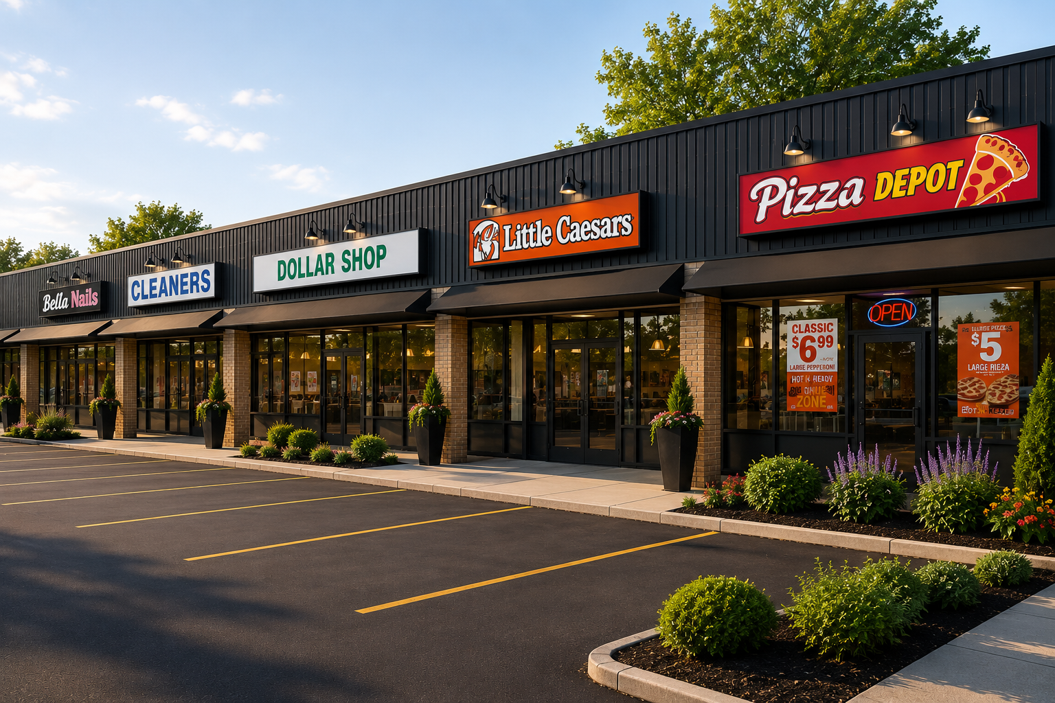 Concept visualization of the same commercial plaza parking lot after sealcoating, refreshed striping and pressure washing