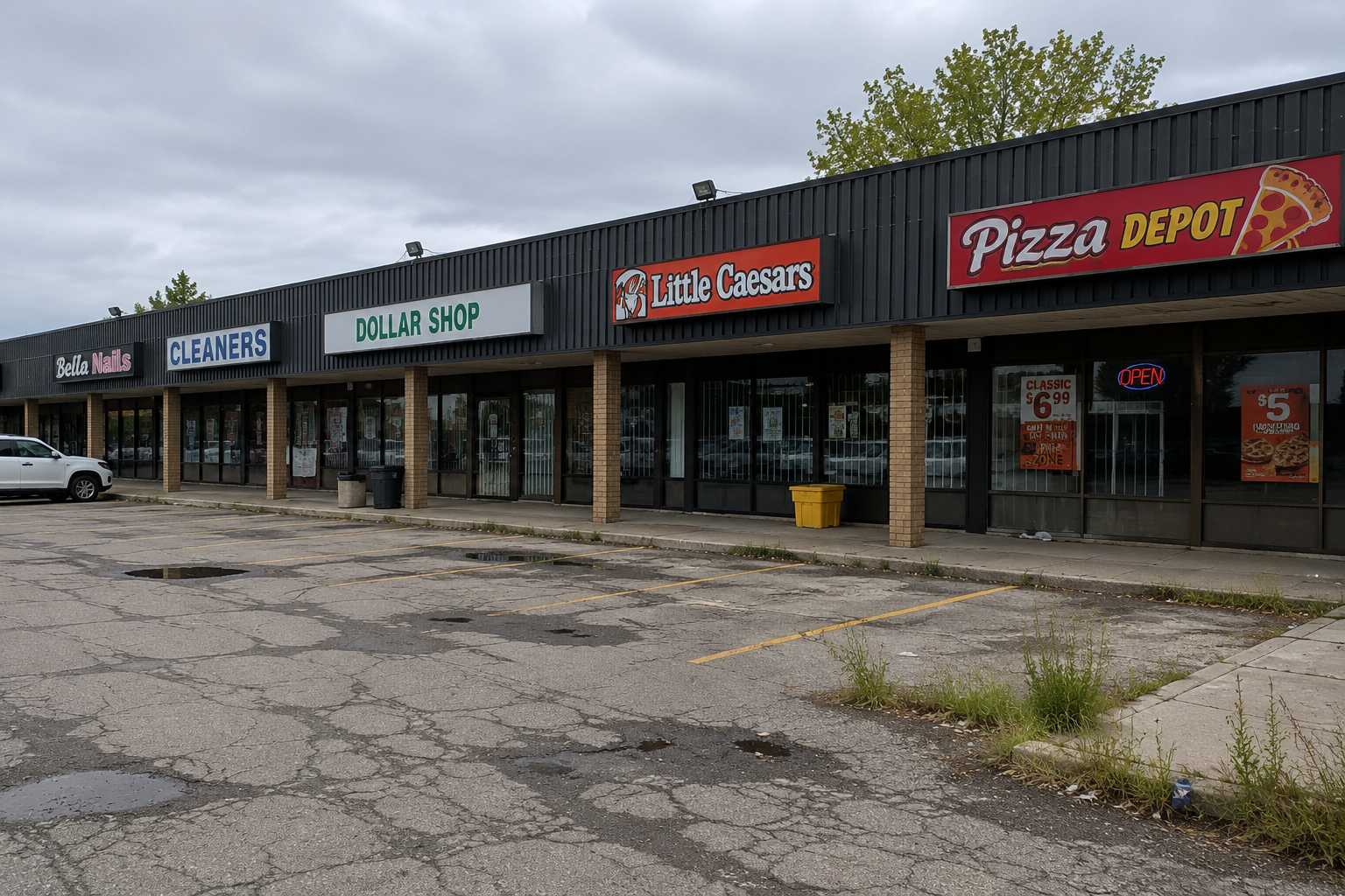 Commercial plaza parking lot showing faded pavement and worn markings before improvements